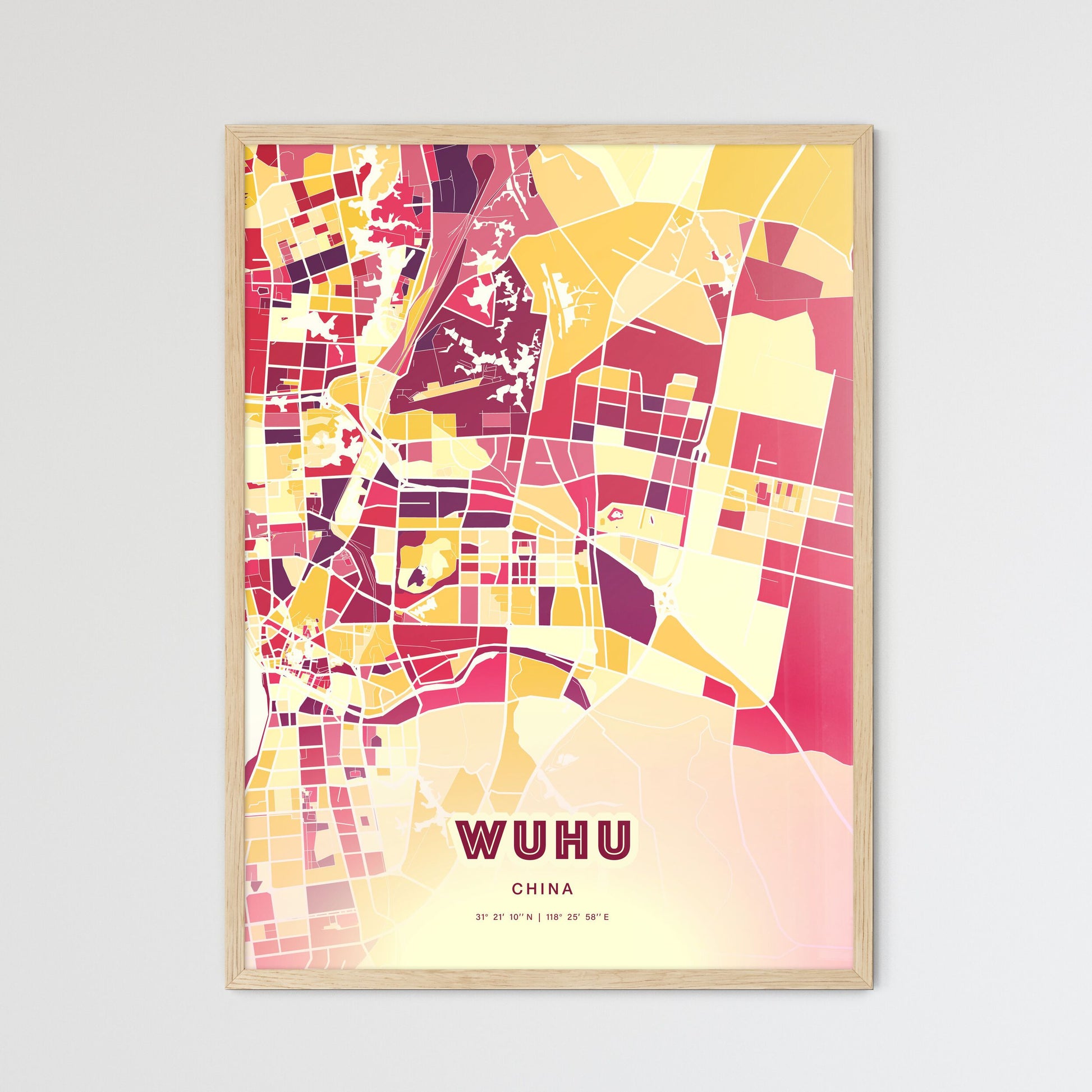 Colorful WUHU CHINA Fine Art Map Hot Red