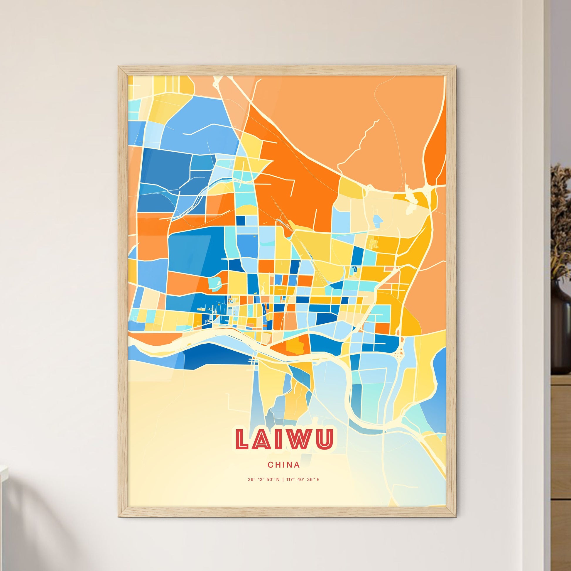 Colorful LAIWU CHINA Fine Art Map Blue Orange