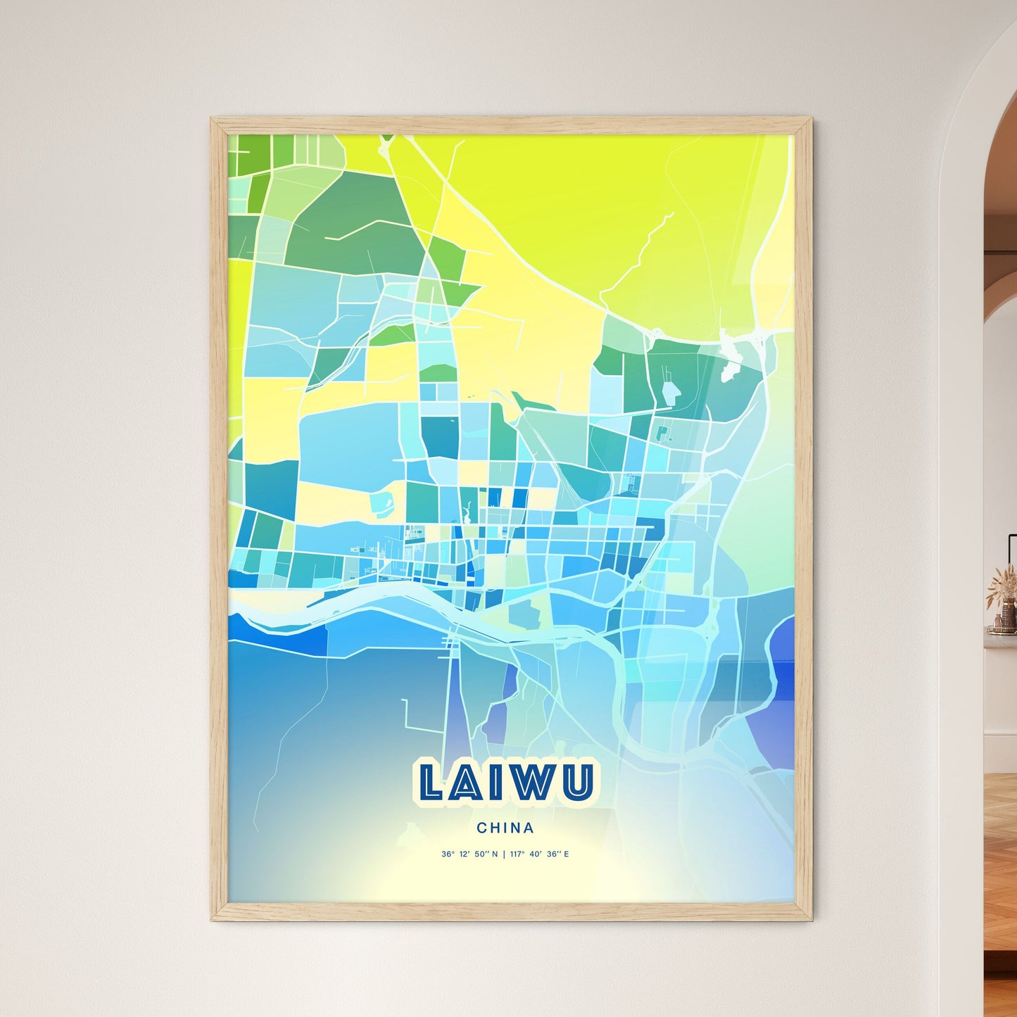 Colorful LAIWU CHINA Fine Art Map Cool Blue