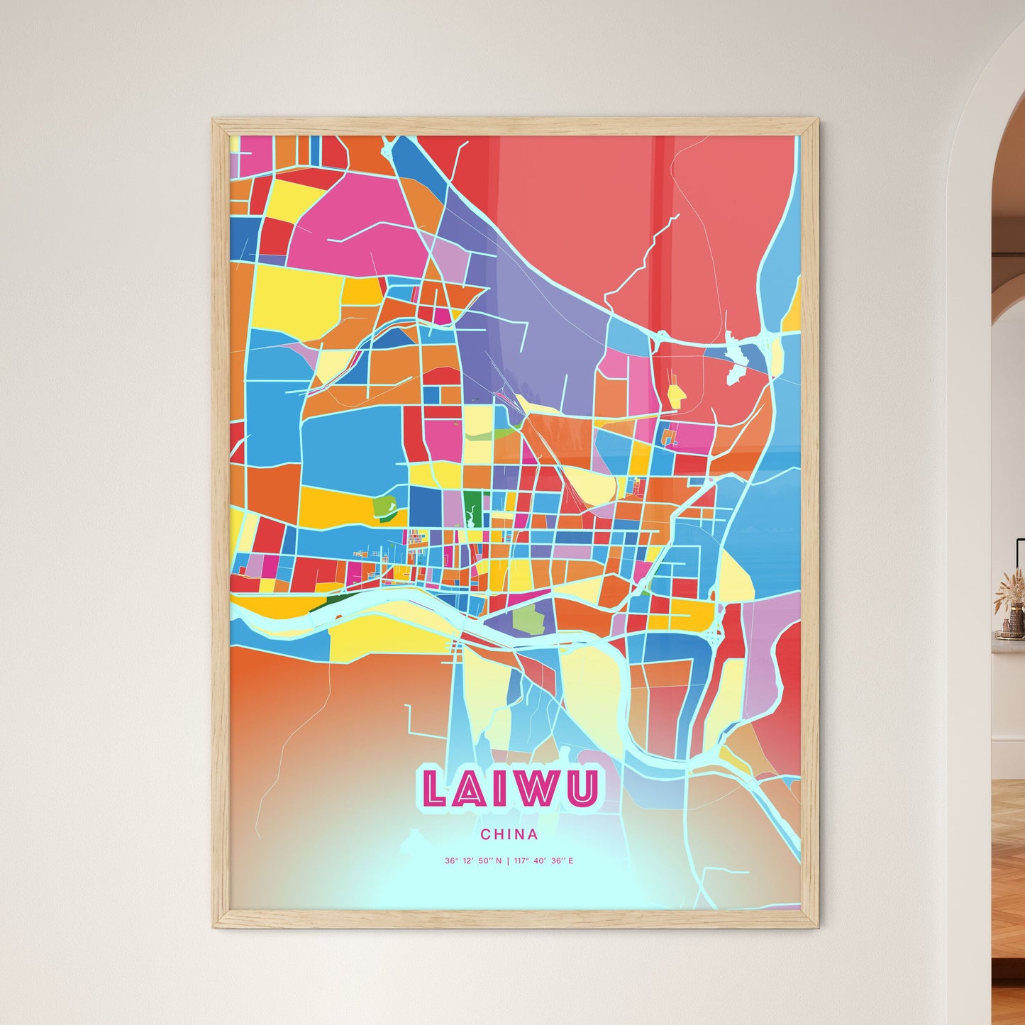 Colorful LAIWU CHINA Fine Art Map Crazy Colors