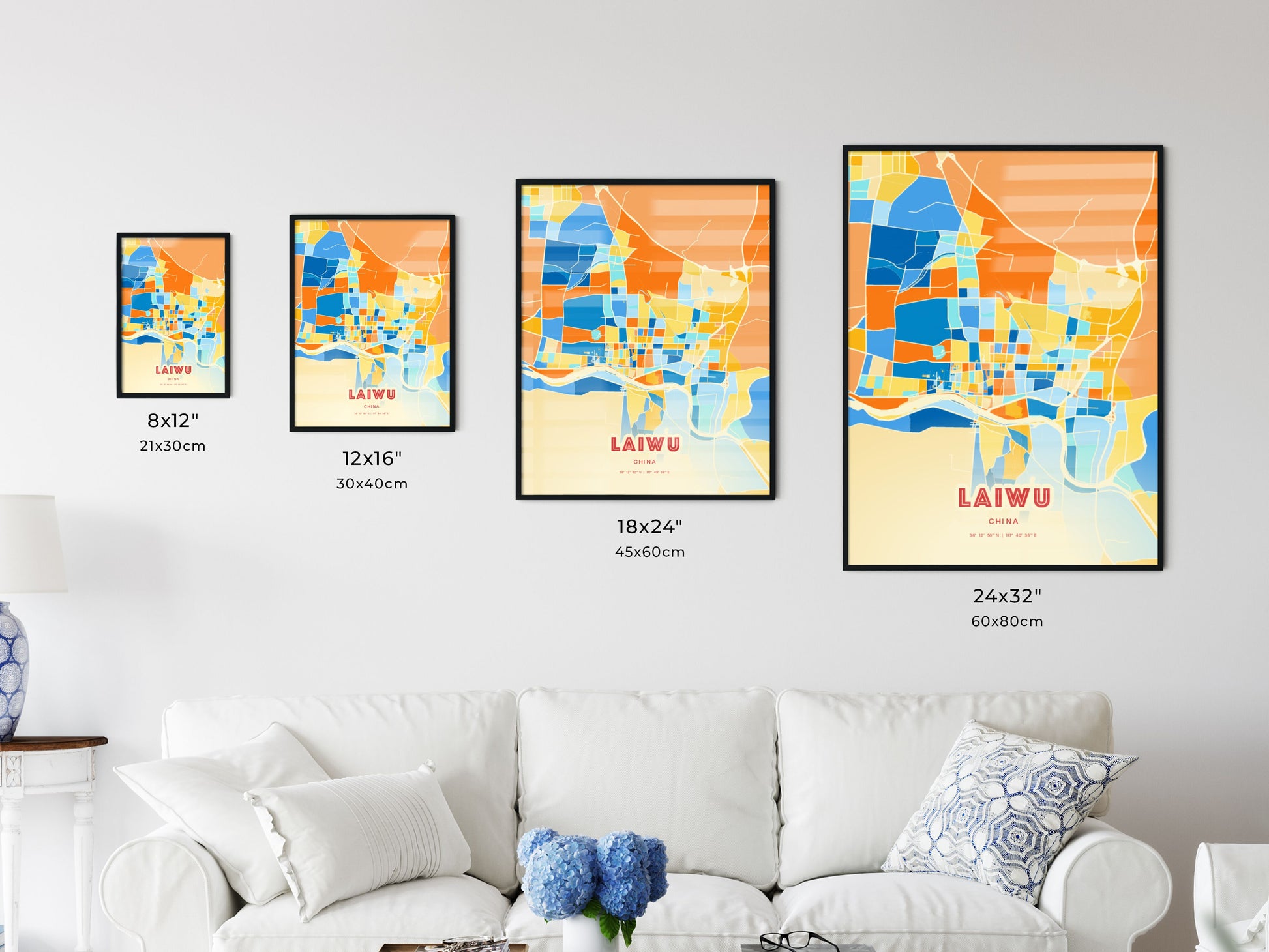 Colorful LAIWU CHINA Fine Art Map Blue Orange