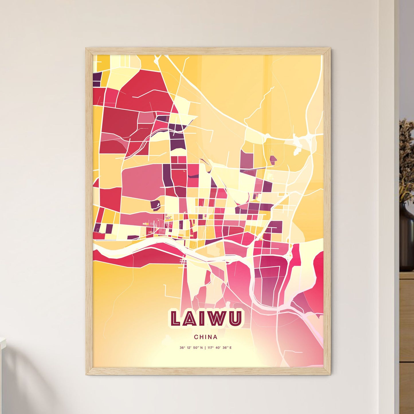 Colorful LAIWU CHINA Fine Art Map Hot Red