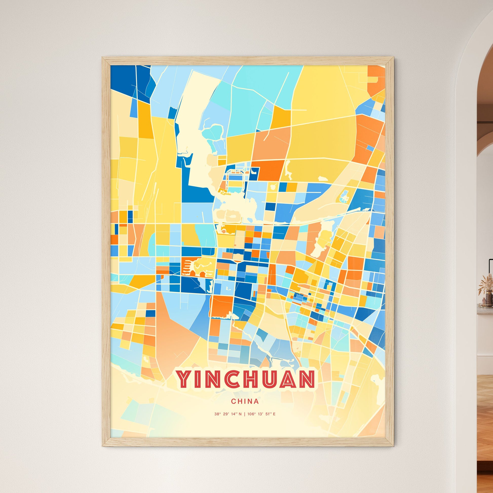 Colorful YINCHUAN CHINA Fine Art Map Blue Orange