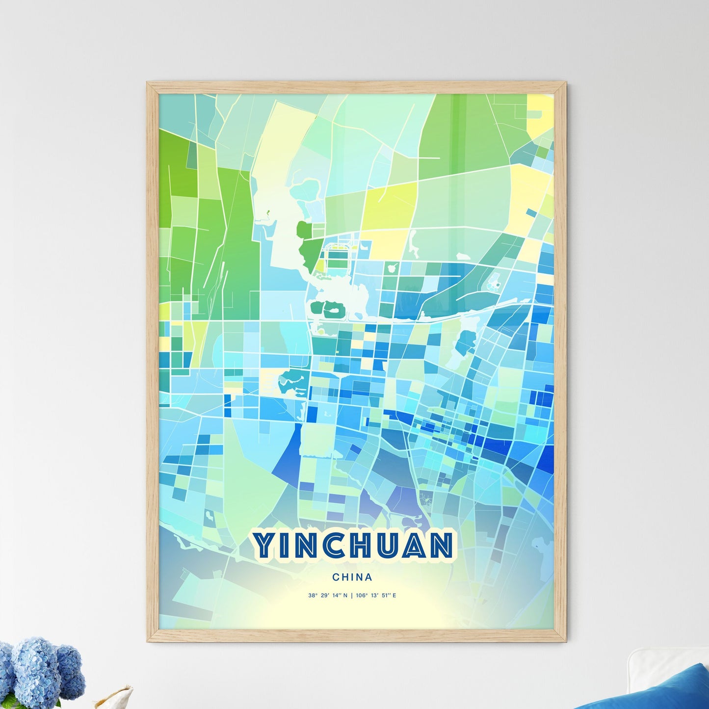 Colorful YINCHUAN CHINA Fine Art Map Cool Blue