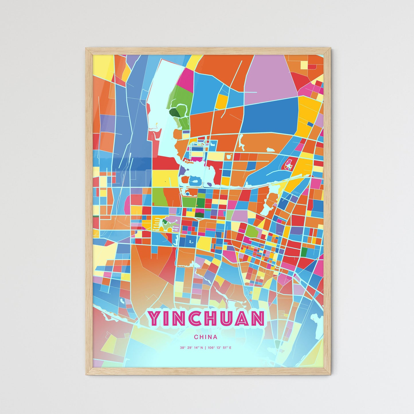 Colorful YINCHUAN CHINA Fine Art Map Crazy Colors