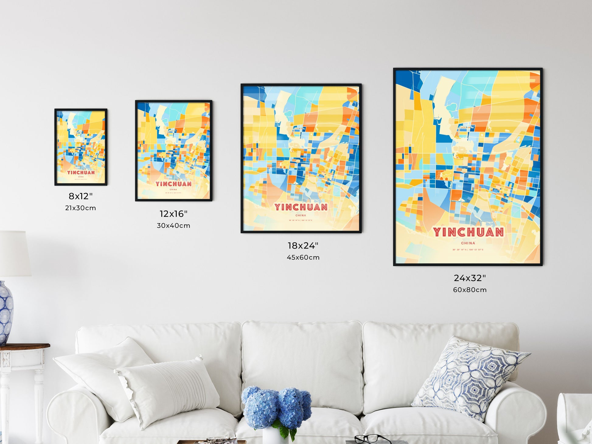 Colorful YINCHUAN CHINA Fine Art Map Blue Orange