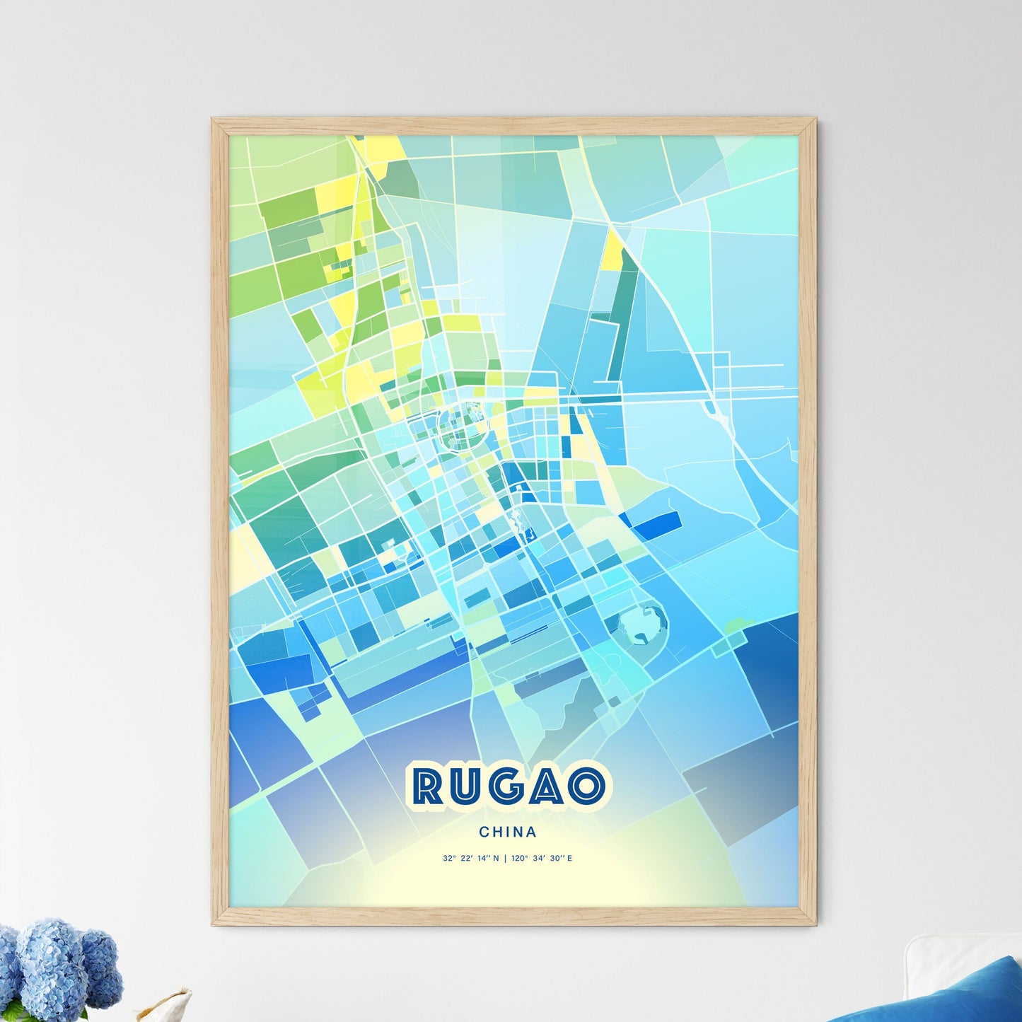 Colorful RUGAO CHINA Fine Art Map Cool Blue
