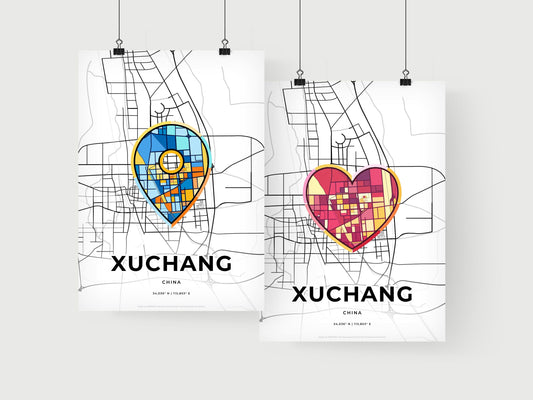 XUCHANG CHINA minimal art map with a colorful icon. Where it all began, Couple map gift.