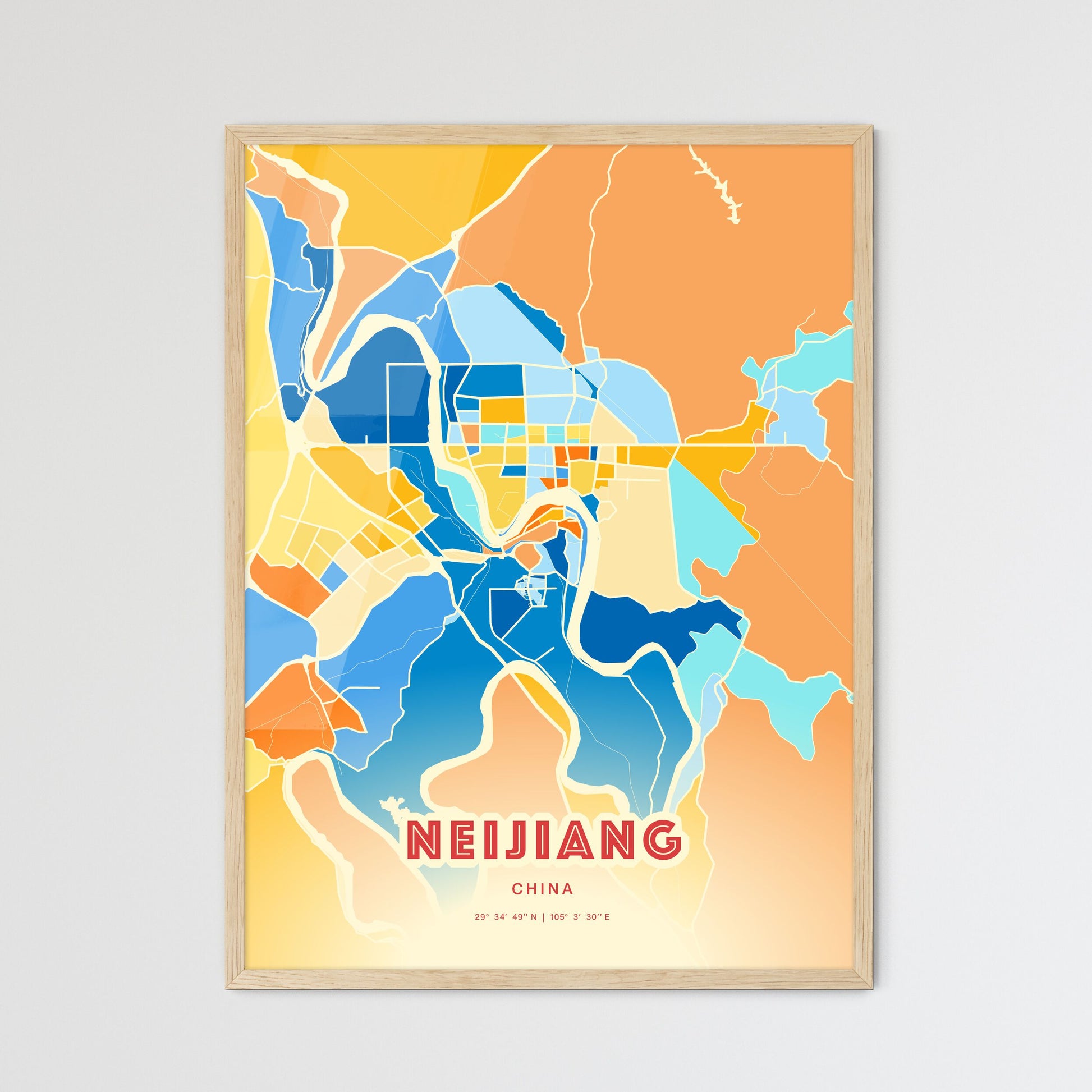 Colorful NEIJIANG CHINA Fine Art Map Blue Orange