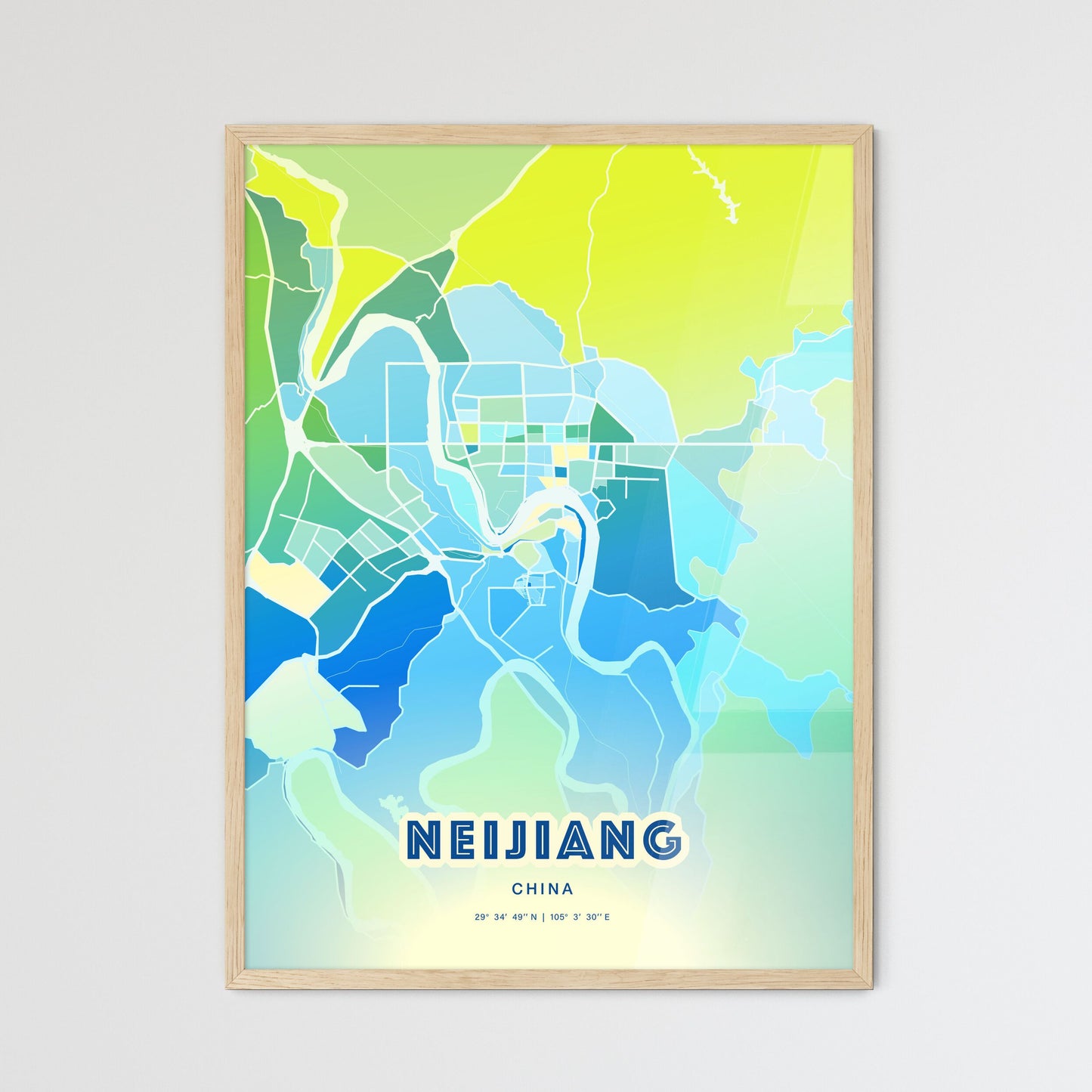 Colorful NEIJIANG CHINA Fine Art Map Cool Blue