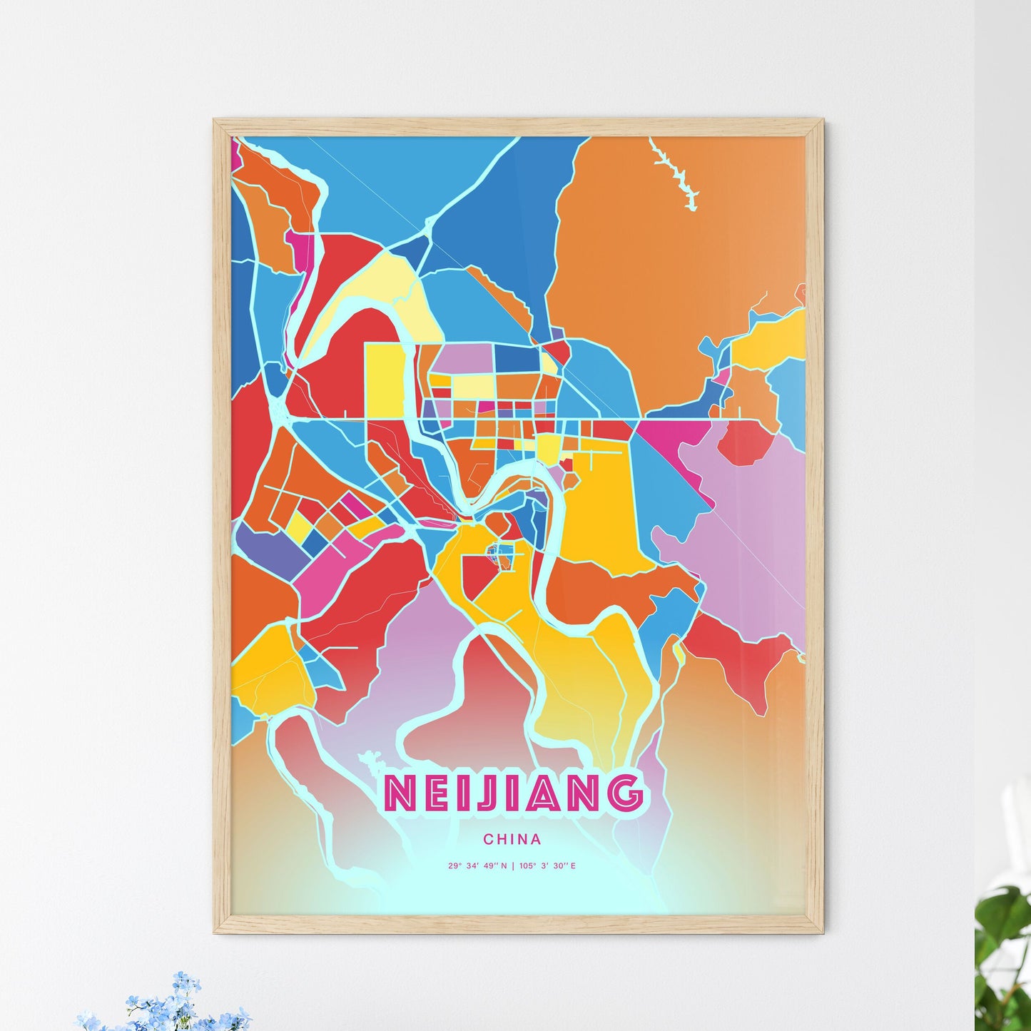 Colorful NEIJIANG CHINA Fine Art Map Crazy Colors