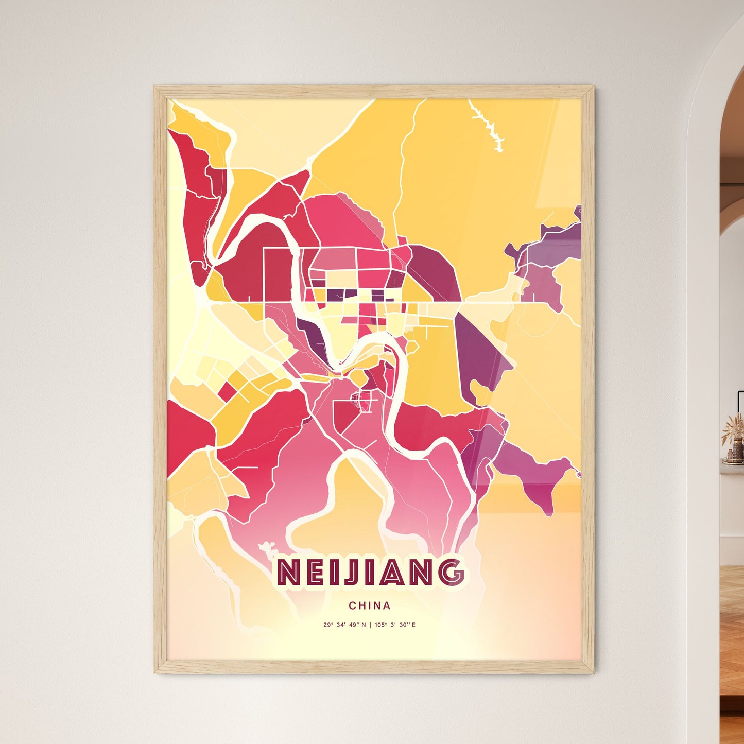 Colorful NEIJIANG CHINA Fine Art Map Hot Red