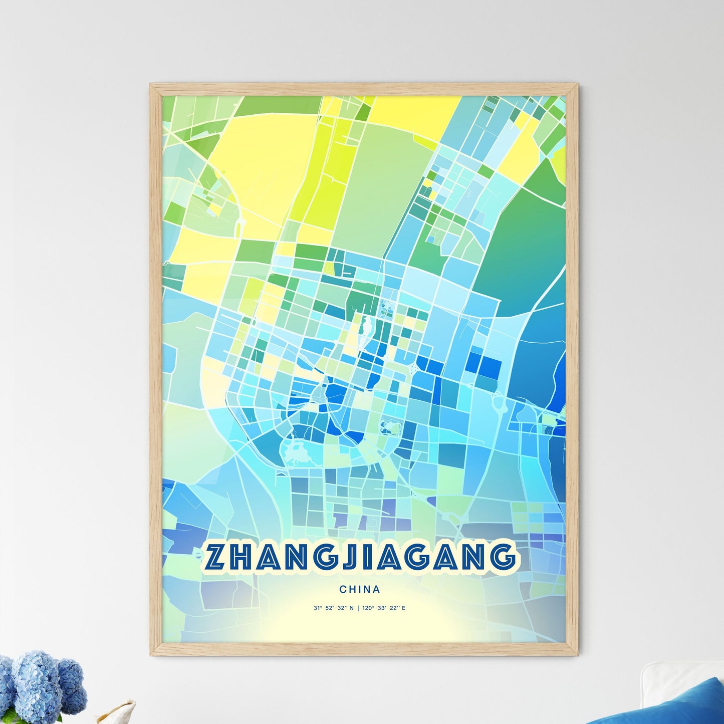 Colorful ZHANGJIAGANG CHINA Fine Art Map Cool Blue