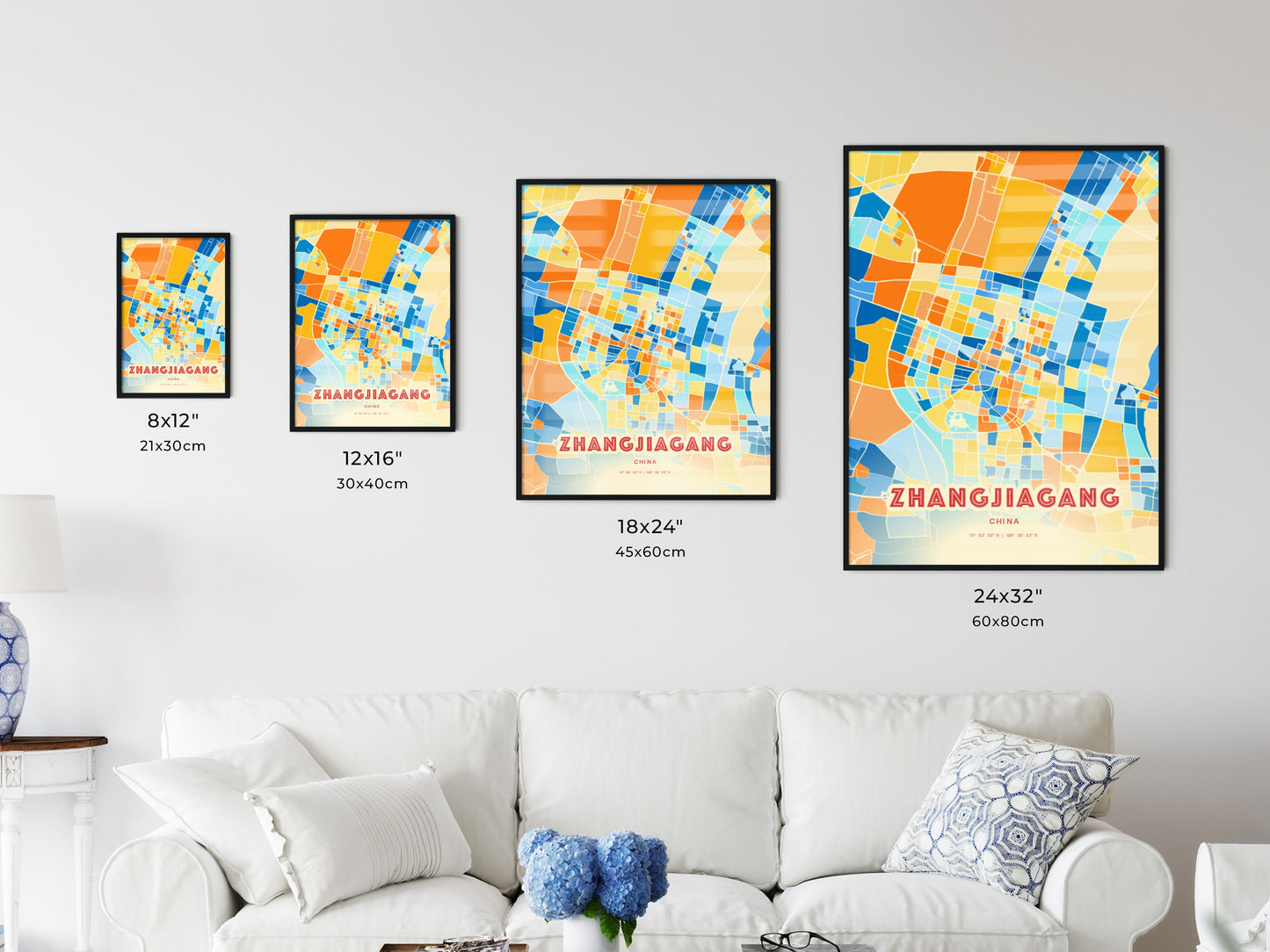 Colorful ZHANGJIAGANG CHINA Fine Art Map Blue Orange