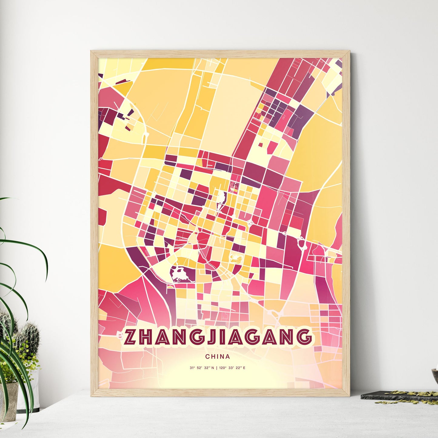 Colorful ZHANGJIAGANG CHINA Fine Art Map Hot Red