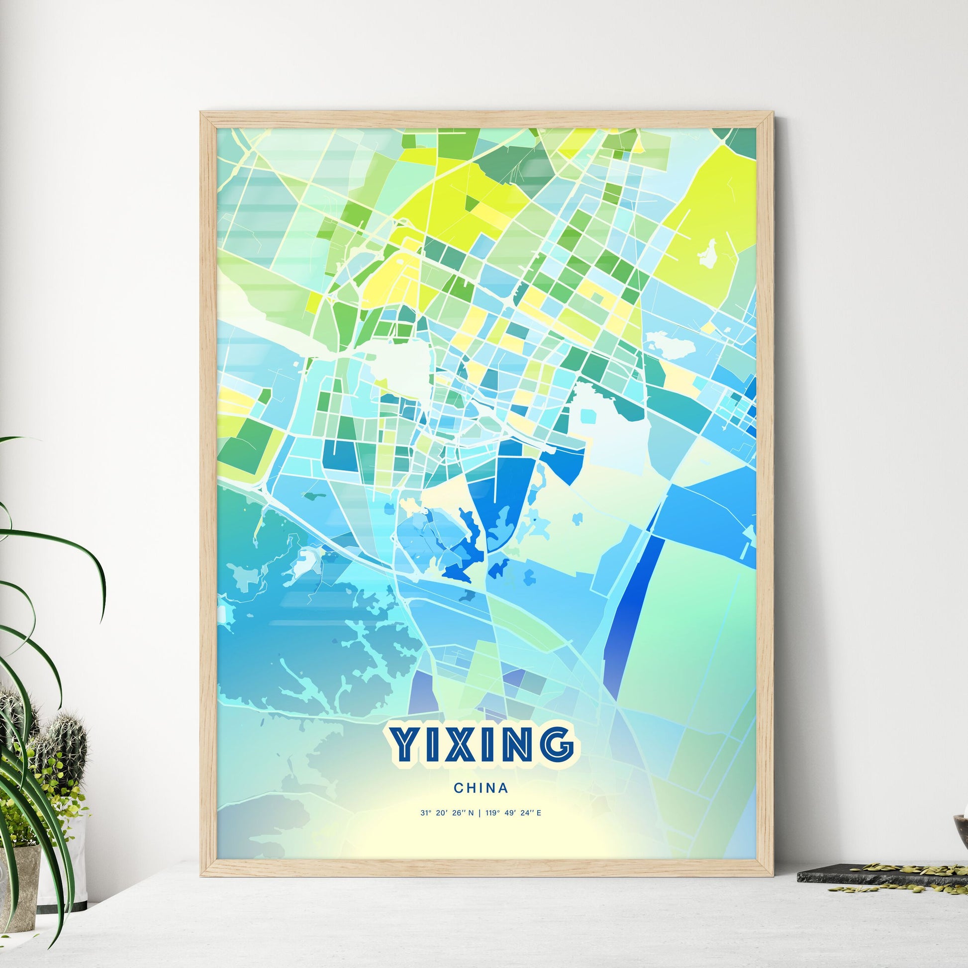 Colorful YIXING CHINA Fine Art Map Cool Blue