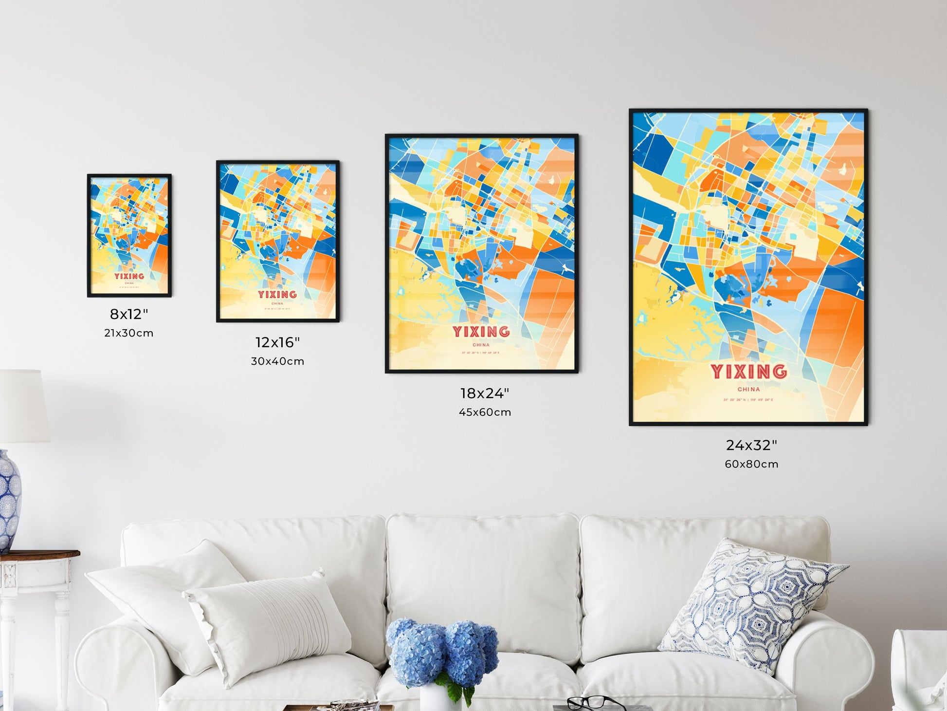 Colorful YIXING CHINA Fine Art Map Blue Orange