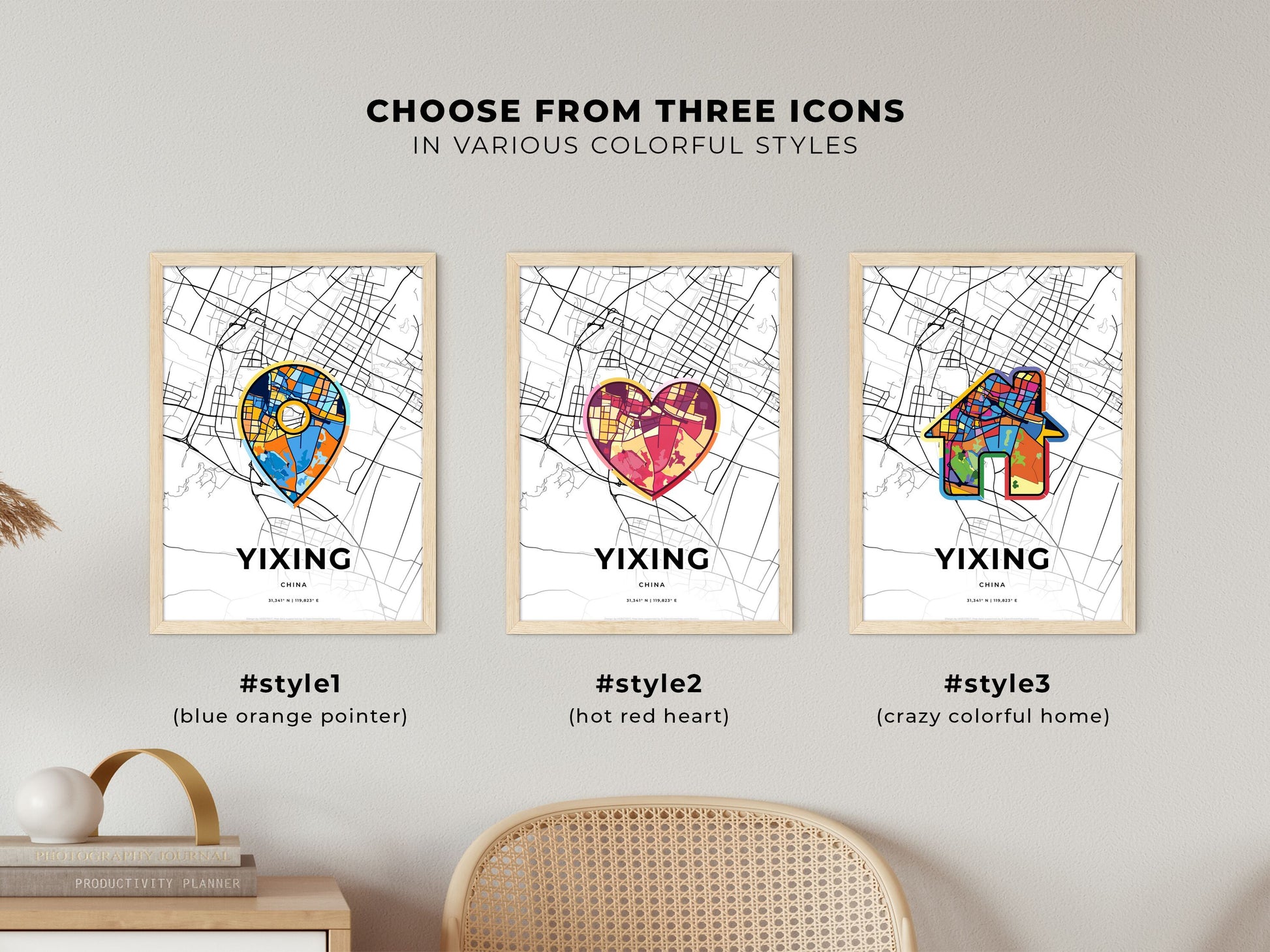 YIXING CHINA minimal art map with a colorful icon.