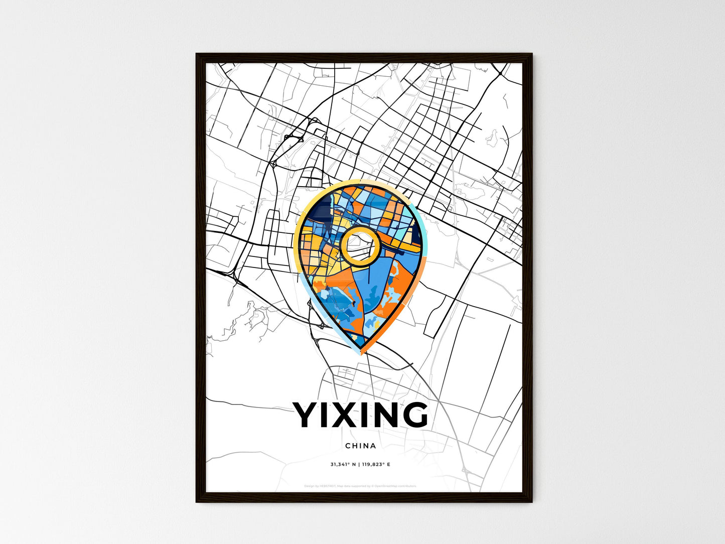YIXING CHINA minimal art map with a colorful icon. Style 1