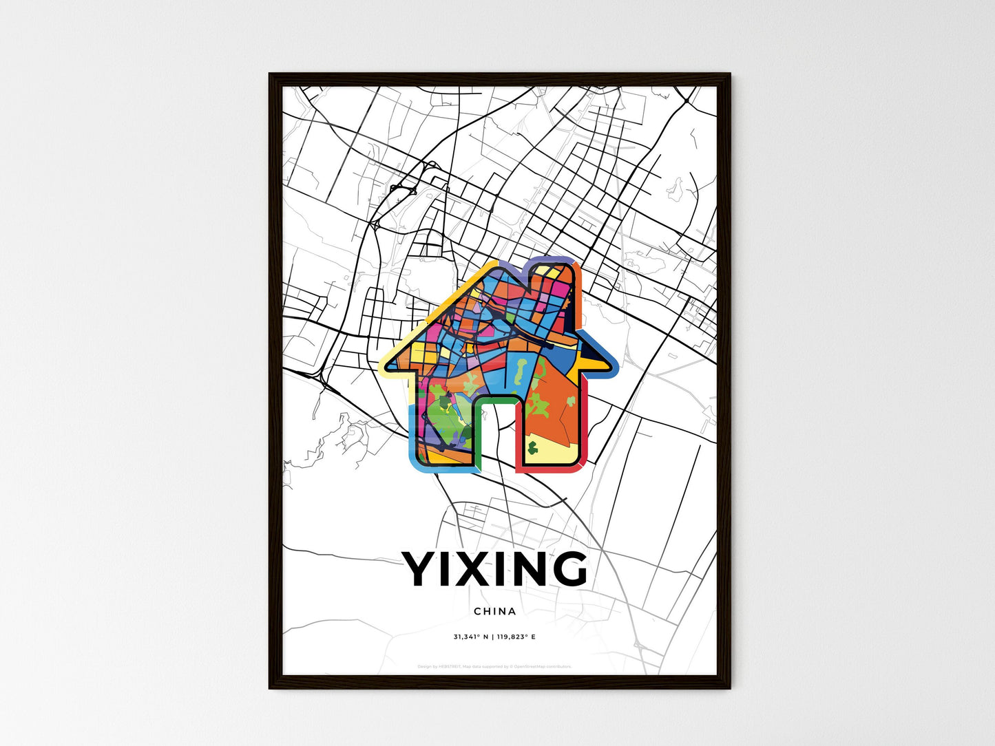 YIXING CHINA minimal art map with a colorful icon. Style 3