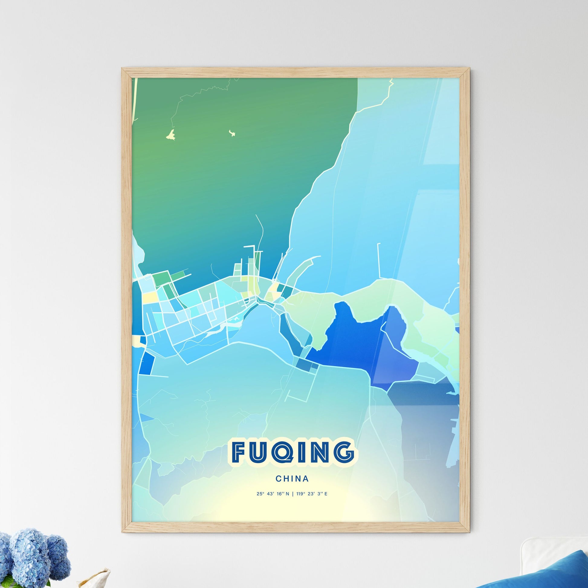 Colorful FUQING CHINA Fine Art Map Cool Blue