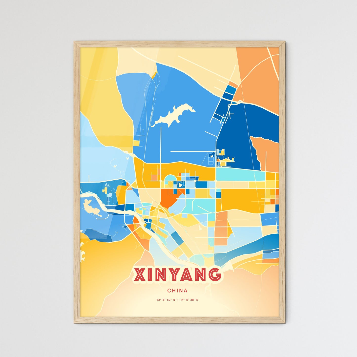 Colorful XINYANG CHINA Fine Art Map Blue Orange