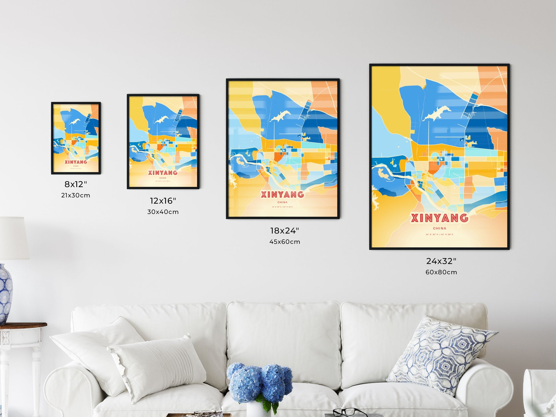 Colorful XINYANG CHINA Fine Art Map Blue Orange