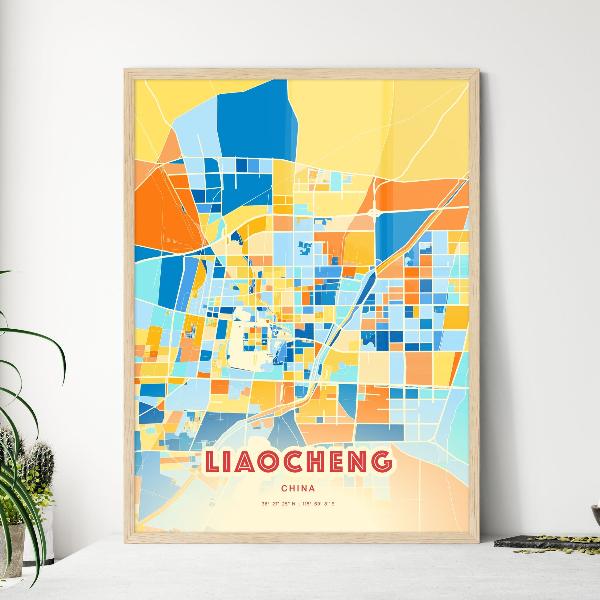 Colorful LIAOCHENG CHINA Fine Art Map Blue Orange