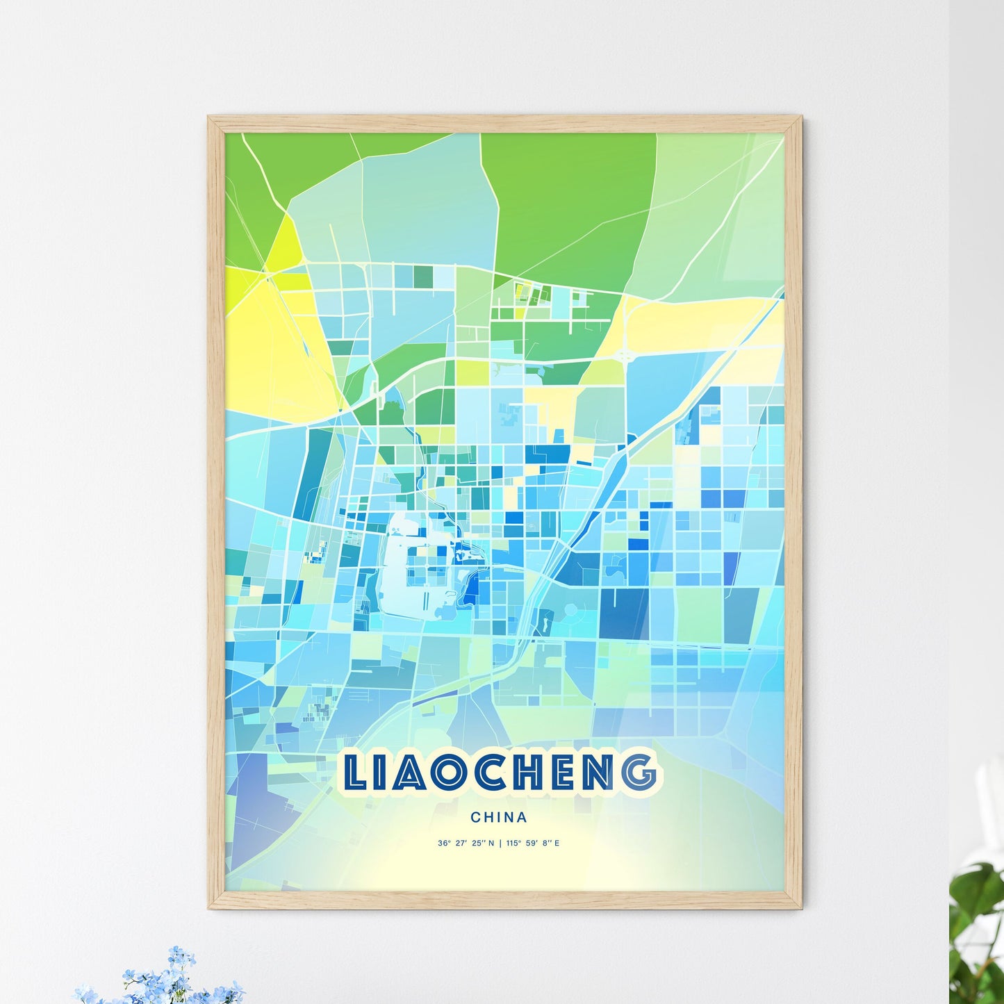 Colorful LIAOCHENG CHINA Fine Art Map Cool Blue