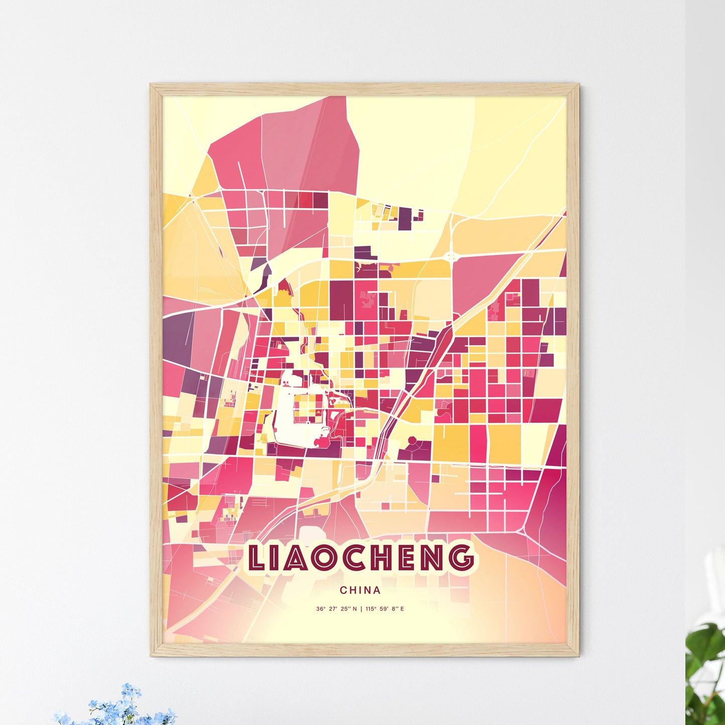 Colorful LIAOCHENG CHINA Fine Art Map Hot Red