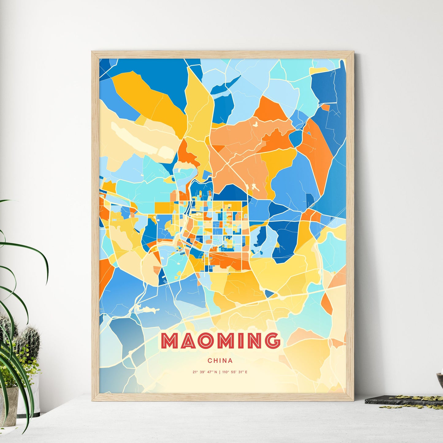 Colorful MAOMING CHINA Fine Art Map Blue Orange