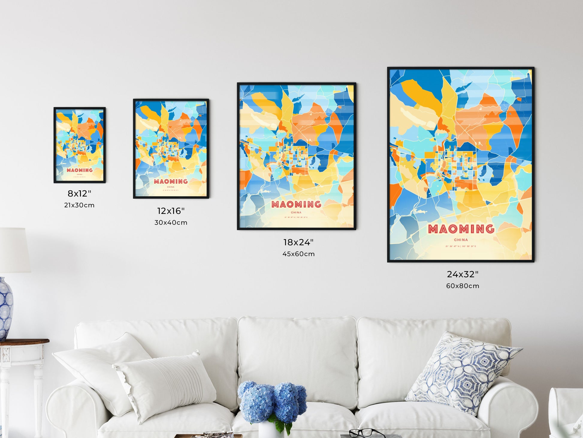 Colorful MAOMING CHINA Fine Art Map Blue Orange