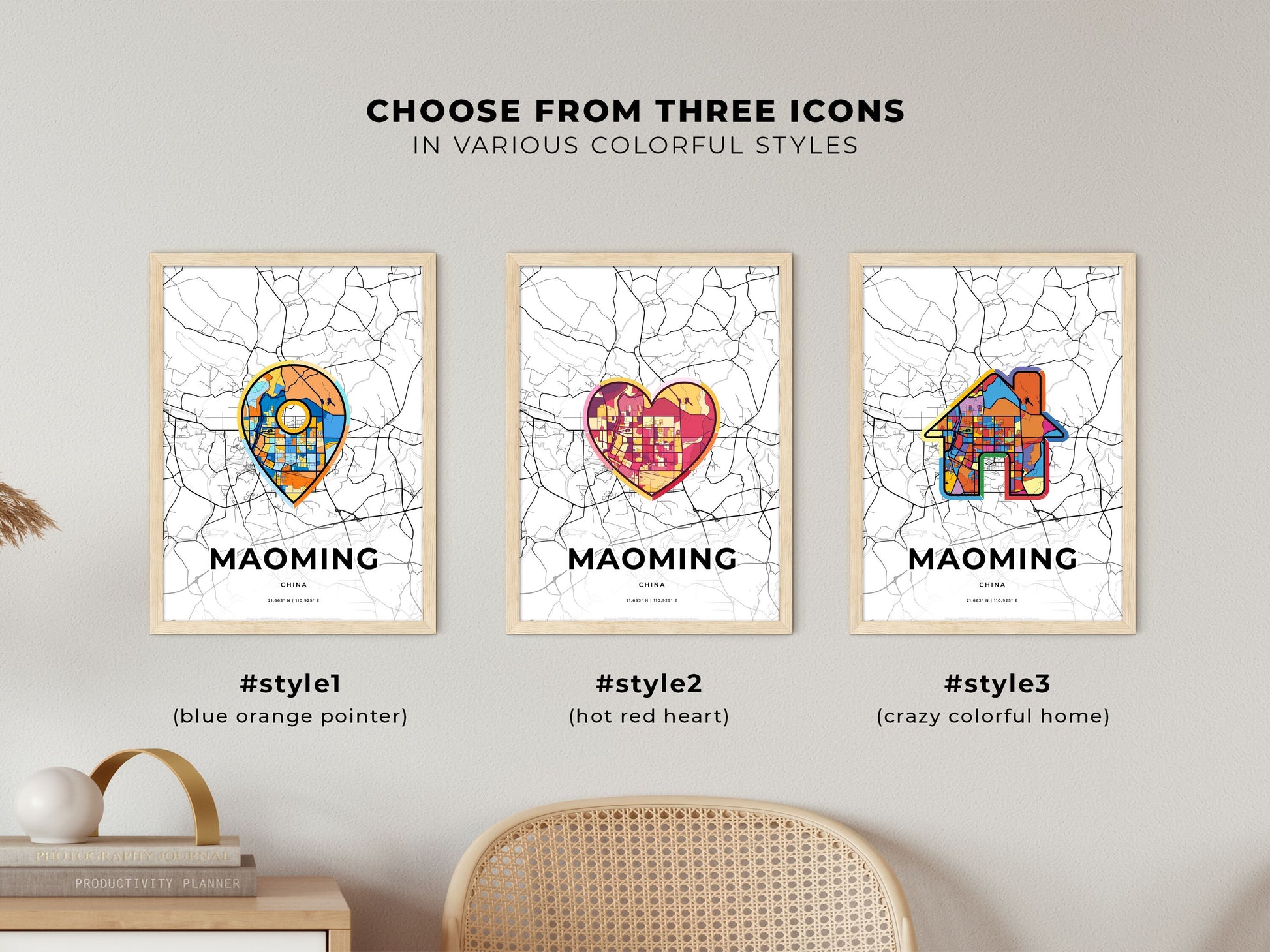 MAOMING CHINA minimal art map with a colorful icon. Where it all began, Couple map gift.