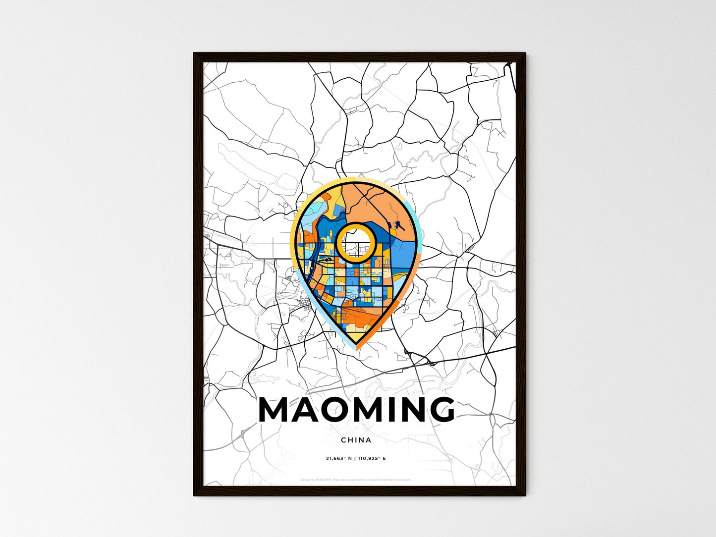 MAOMING CHINA minimal art map with a colorful icon. Where it all began, Couple map gift. Style 1
