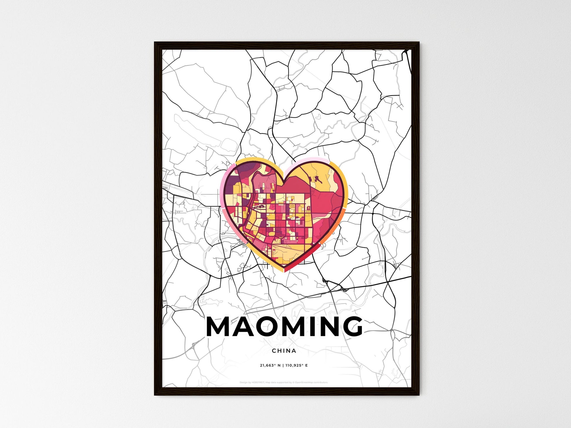 MAOMING CHINA minimal art map with a colorful icon. Where it all began, Couple map gift. Style 2