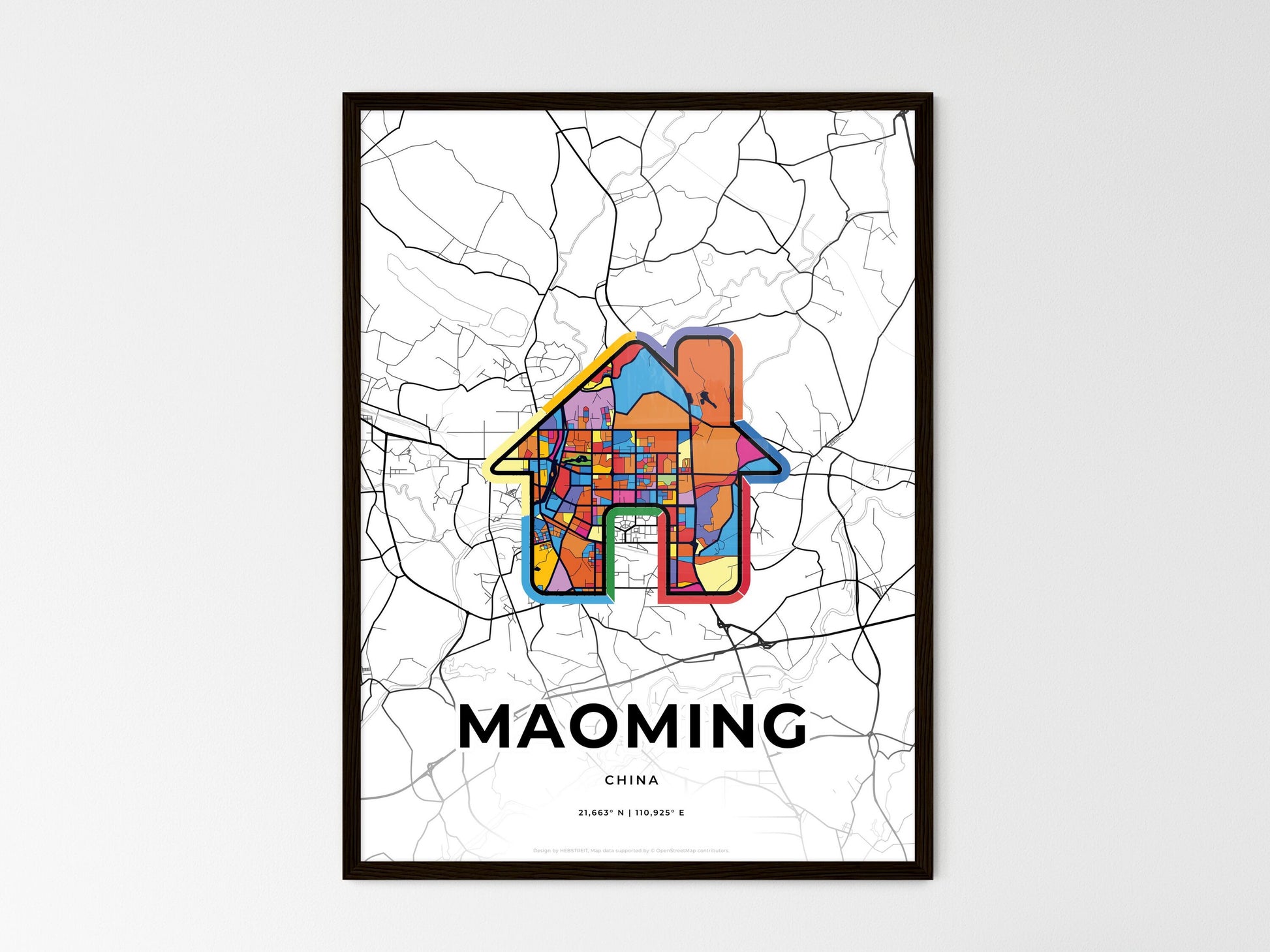 MAOMING CHINA minimal art map with a colorful icon. Where it all began, Couple map gift. Style 3