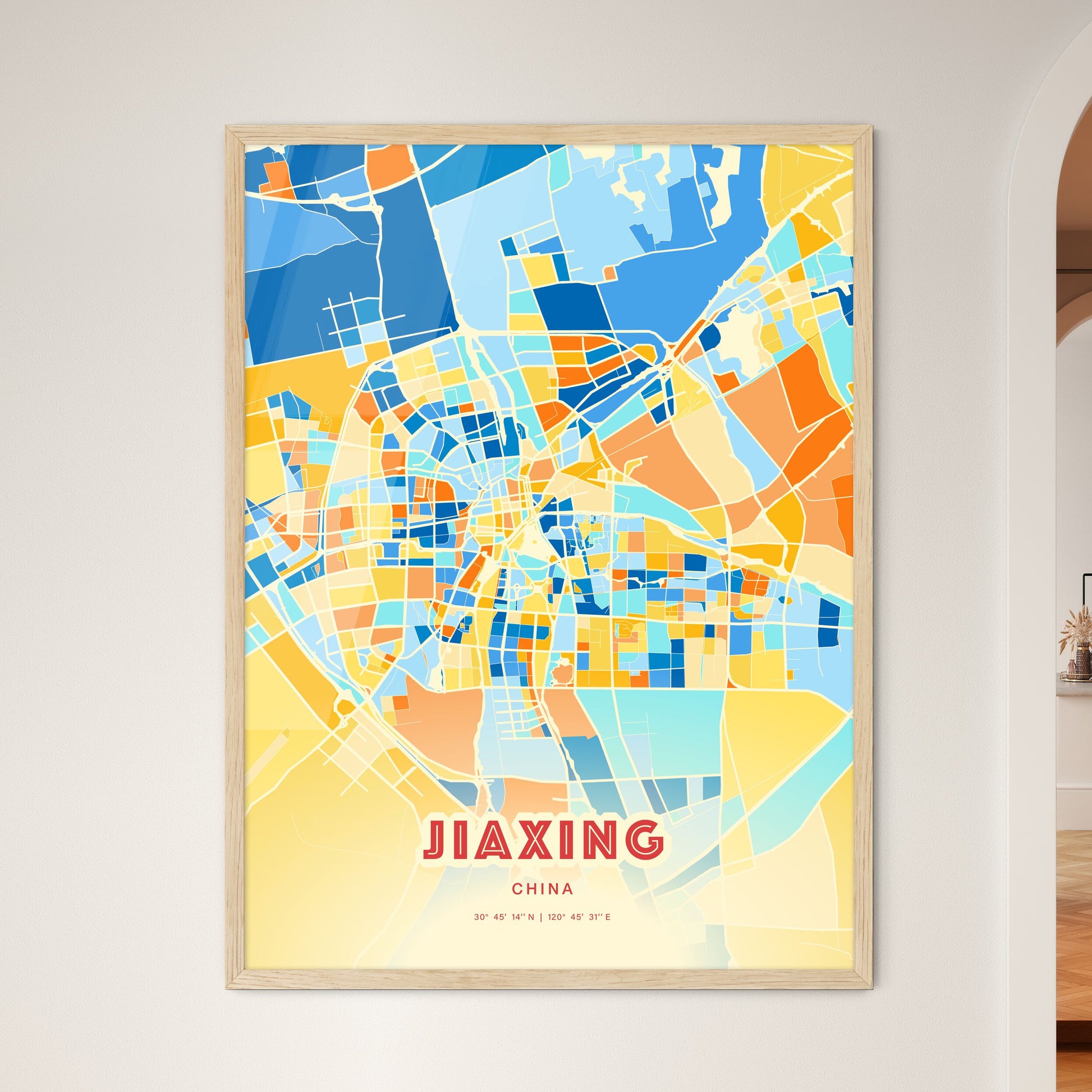 Colorful JIAXING CHINA Fine Art Map Blue Orange