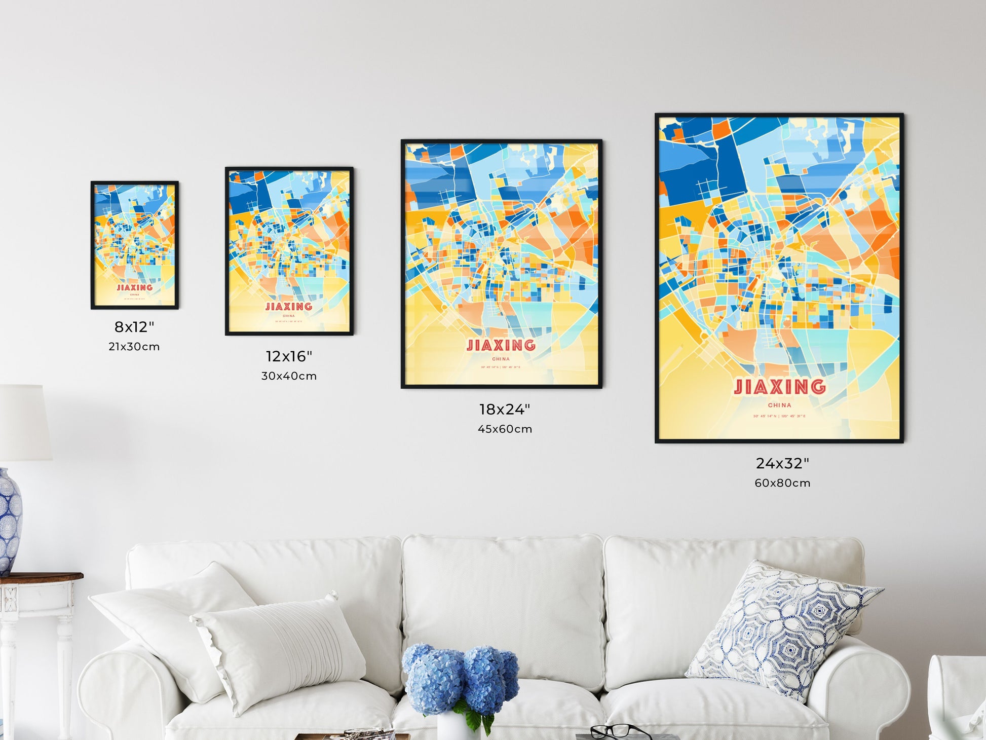 Colorful JIAXING CHINA Fine Art Map Blue Orange