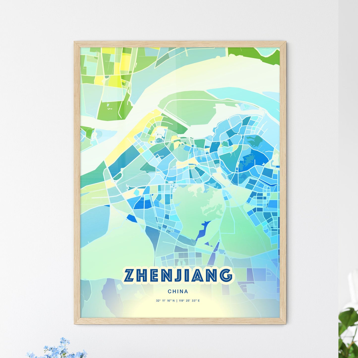 Colorful ZHENJIANG CHINA Fine Art Map Cool Blue