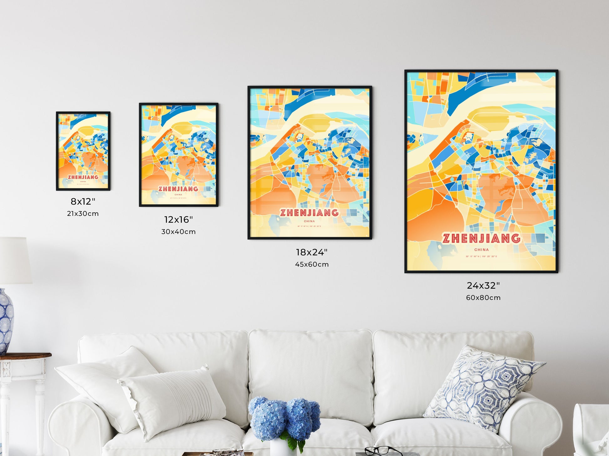 Colorful ZHENJIANG CHINA Fine Art Map Blue Orange