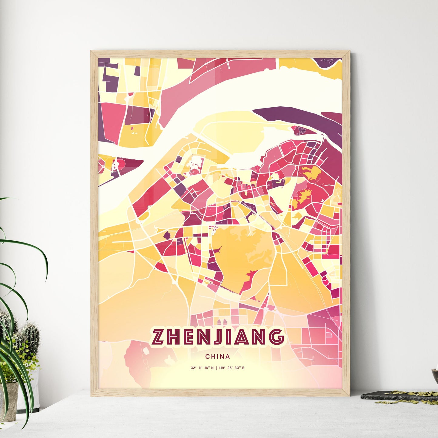 Colorful ZHENJIANG CHINA Fine Art Map Hot Red