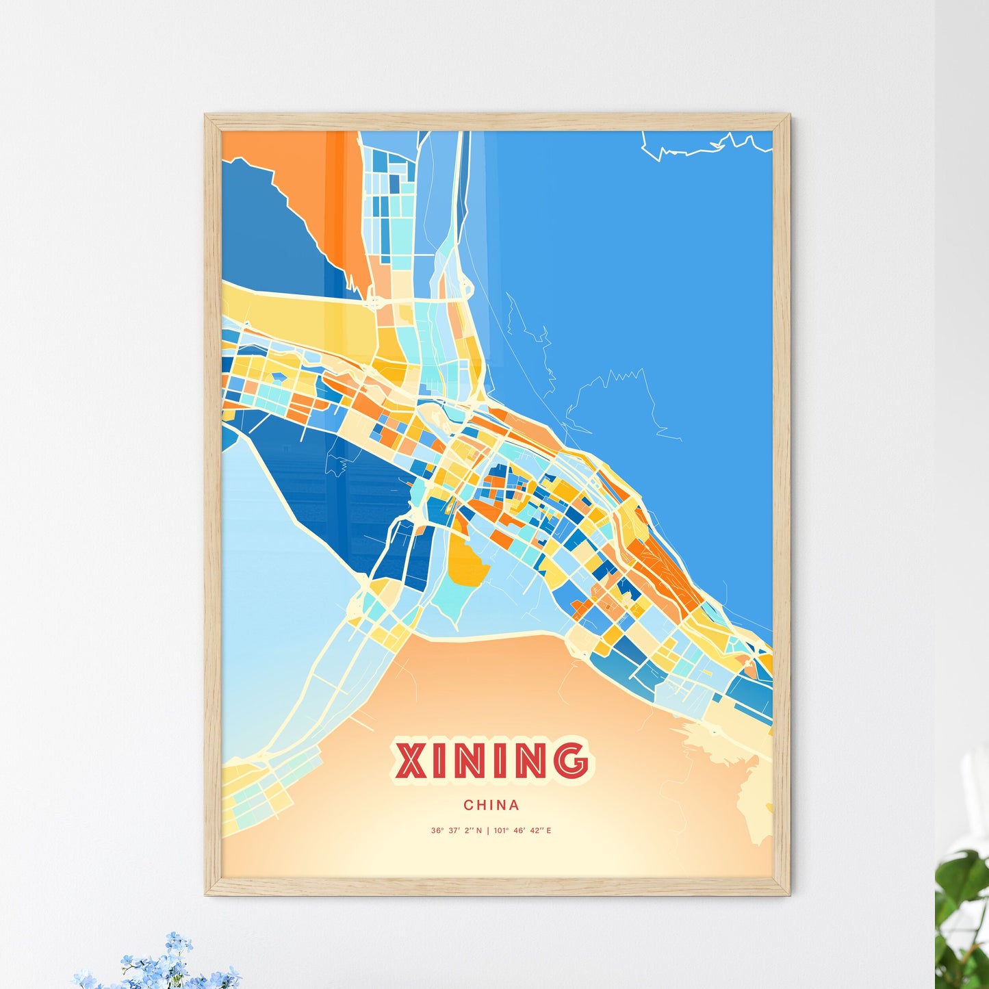 Colorful XINING CHINA Fine Art Map Blue Orange