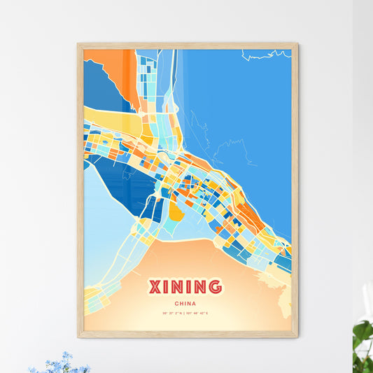 Colorful XINING CHINA Fine Art Map Blue Orange