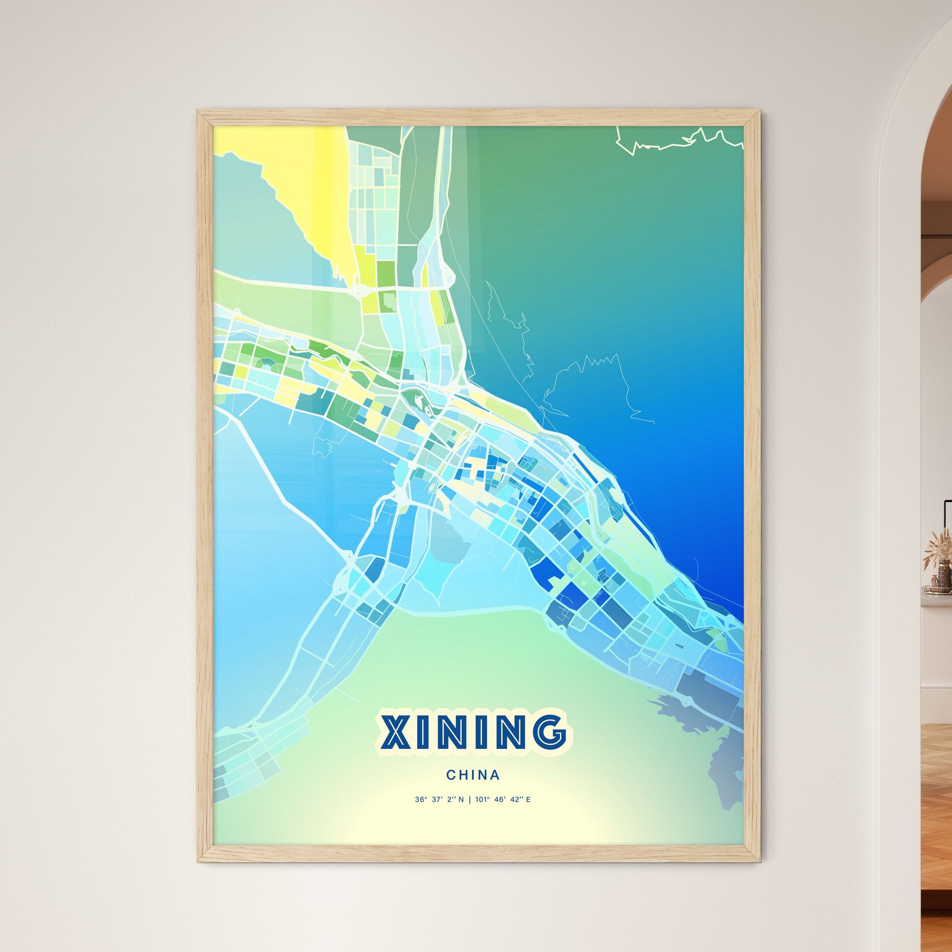 Colorful XINING CHINA Fine Art Map Cool Blue