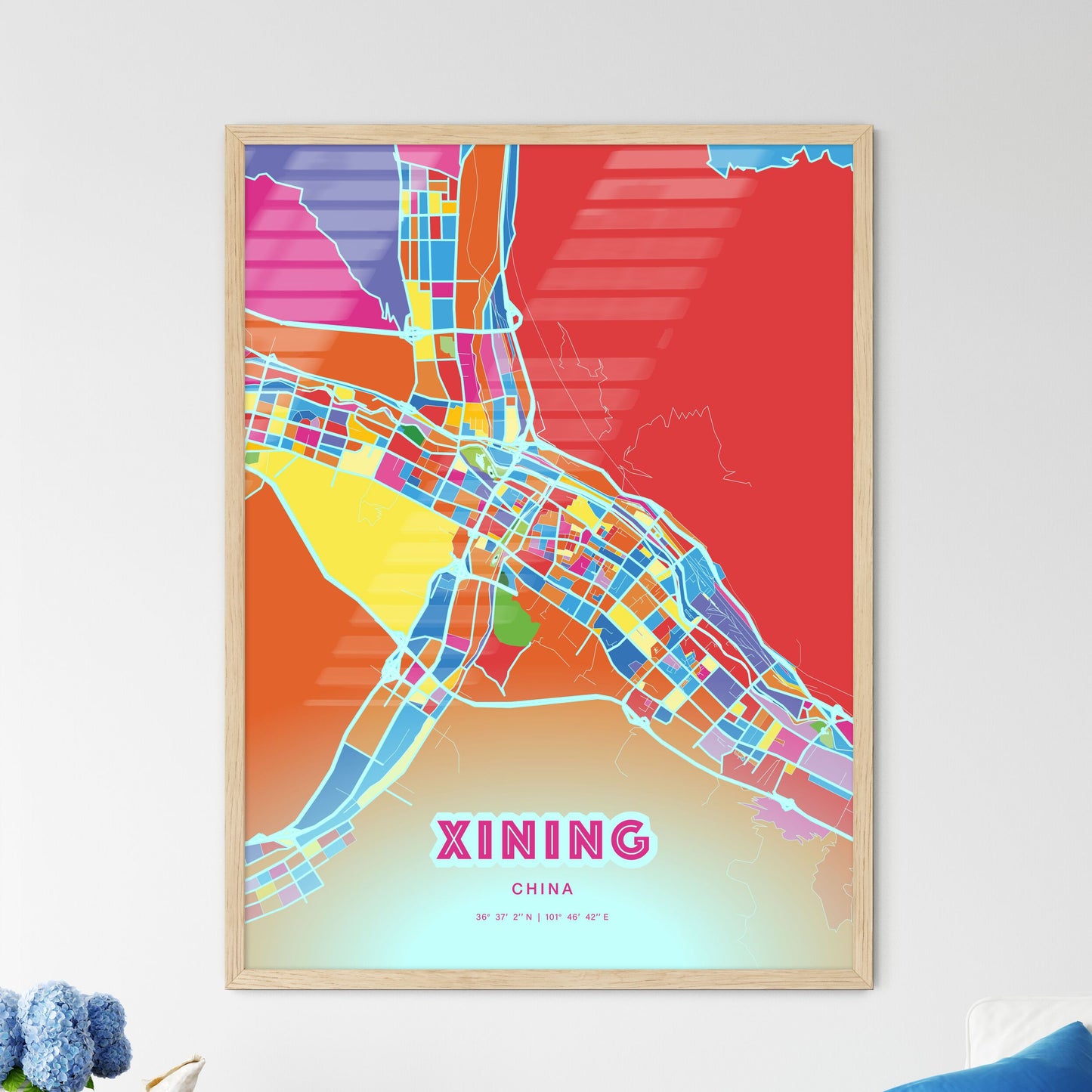 Colorful XINING CHINA Fine Art Map Crazy Colors