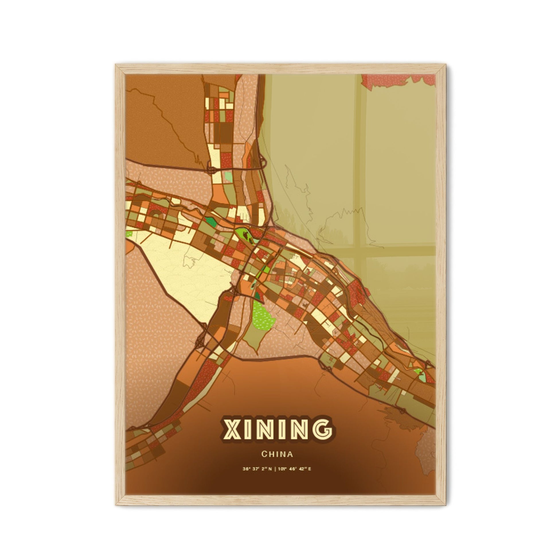 Colorful XINING CHINA Fine Art Map Farmhouse