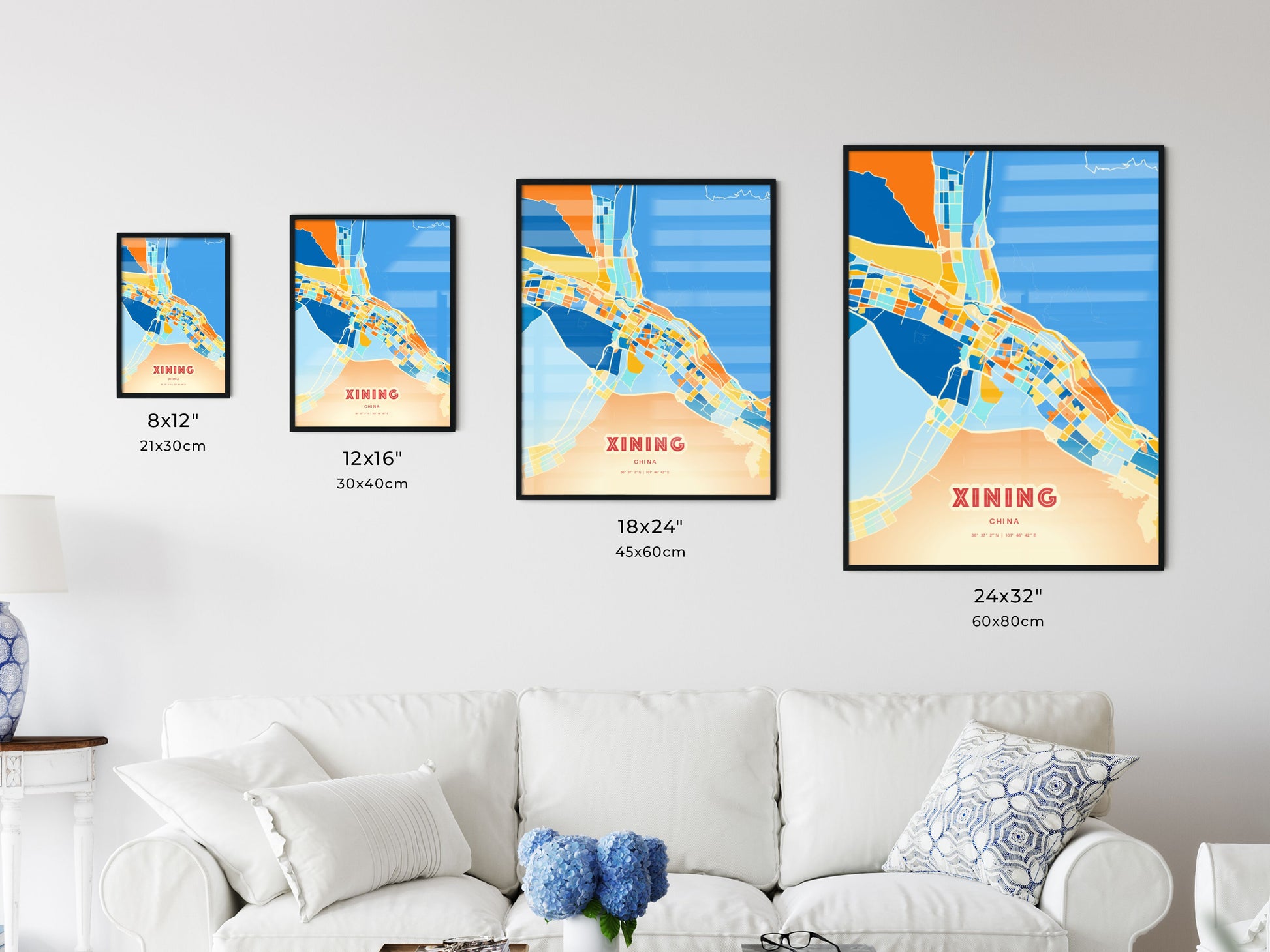 Colorful XINING CHINA Fine Art Map Blue Orange