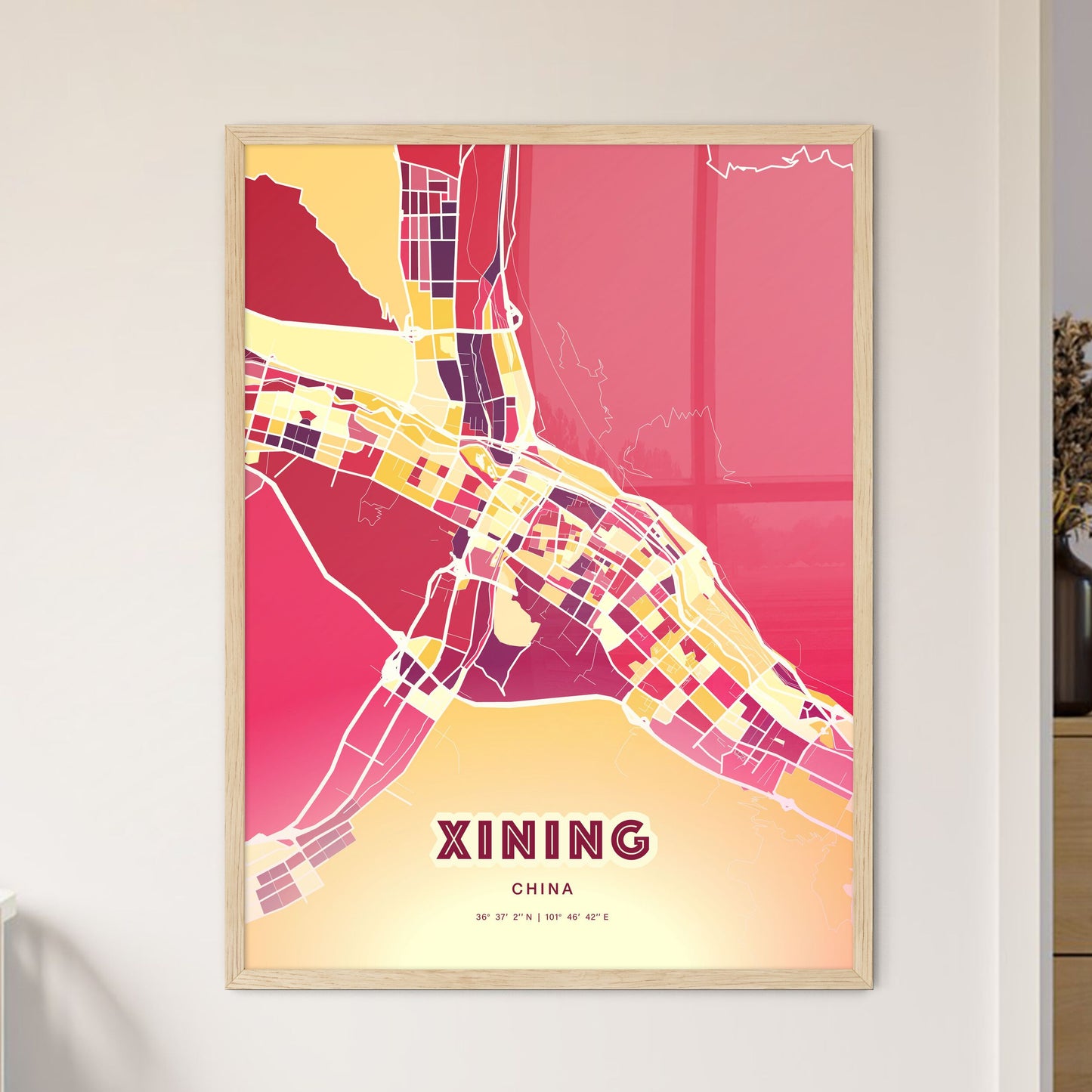 Colorful XINING CHINA Fine Art Map Hot Red