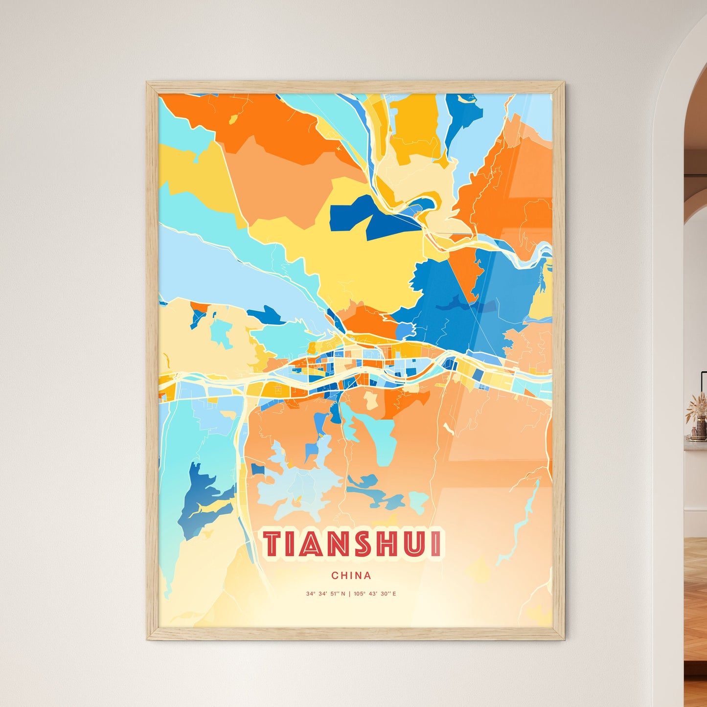 Colorful TIANSHUI CHINA Fine Art Map Blue Orange