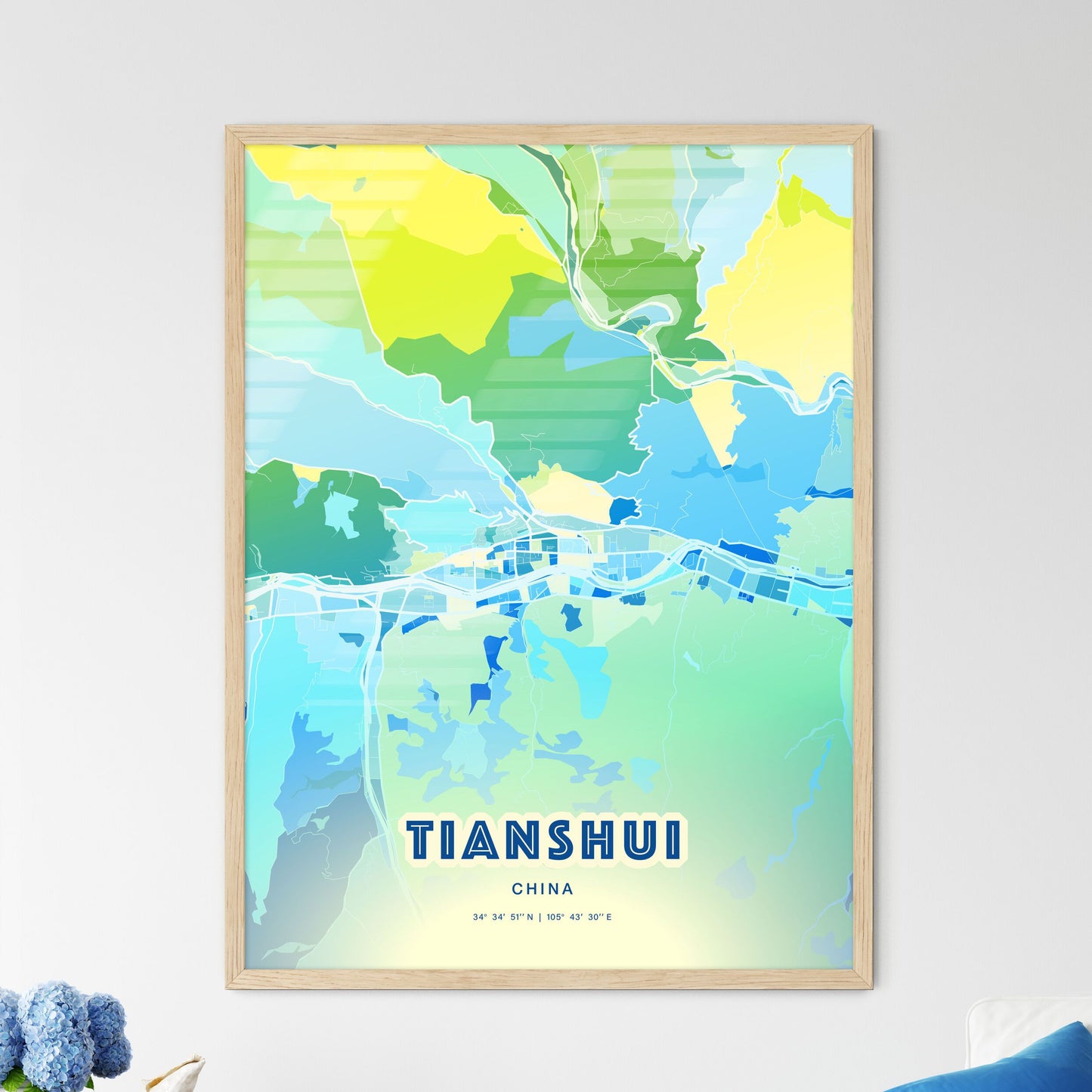 Colorful TIANSHUI CHINA Fine Art Map Cool Blue